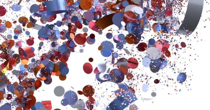 Vibrant red, blue, and silver confetti bursts. Ideal for celebration, party, or festive designs.