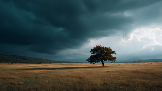 Lone tree under dramatic stormy skies in an open grassy landscape