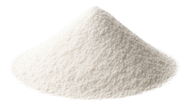 A mound of fine white granulated sugar in a conical shape.