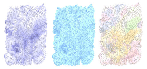 collection of abstract doodle watercolor painting. set of isolated watercolour arabesque. ethnic handmade ornament