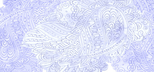 banner with monochrome abstract doodle watercolor painting. card with watercolour blue arabesque. background of ethnic handmade ornament