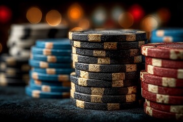 Colorful Festive Poker Chips Background for Casino Game Night with Vibrant Christmas Lights Decor 