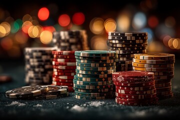 Colorful Festive Poker Chips Background for Casino Game Night with Vibrant Christmas Lights Decor 
