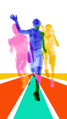 Contemporary art collage. Central female runner reaches forward in layered rainbow silhouettes over...