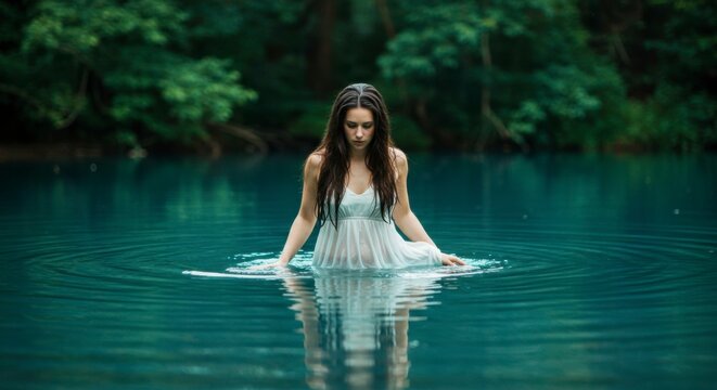Woman in white dress wading in serene, teal water, surrounded by lush green foliage.  Reflection visible on the surface