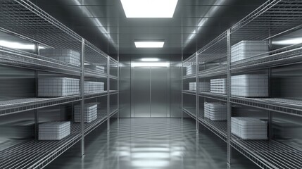 Obraz premium A clean, metallic storage room with wire shelving units holding multiple white boxes under bright ceiling lights.