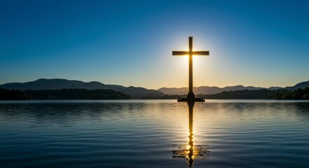 Large cross silhouette, sunrise over lake, mountains