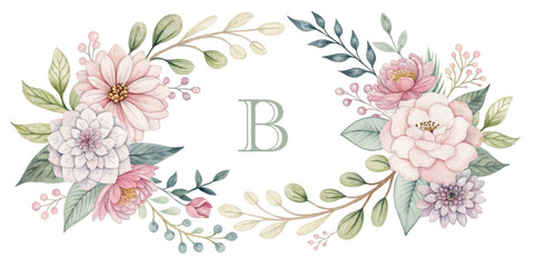 Floral Wreath Monogram B, Watercolor Design, Isolated on Transparent Background, , Floral Wreath, Monogram, Watercolor