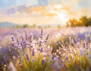 Fototapeta premium Stunning lavender field at sunset, capturing vibrant purple blooms and golden light in a tranquil setting.