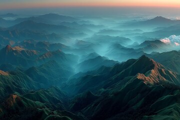 Misty Highland Valley Sunrise: Aerial View of Rolling Hills and Peaks