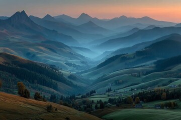 Misty Highland Valley Sunrise: Aerial View of Rolling Hills and Peaks