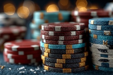 Colorful Festive Poker Chips Background for Casino Game Night with Vibrant Christmas Lights Decor 