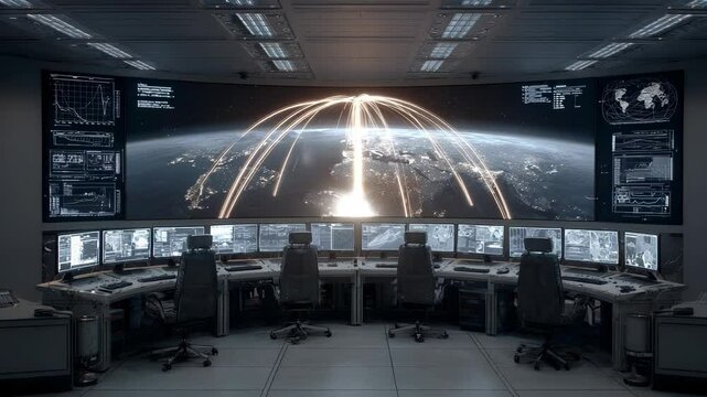 Futuristic Global Network Operations Center with Earth Visualization, Data Analysis, Cybersecurity Threat Monitoring, and Advanced Technology Infrastructure for Global Communication.