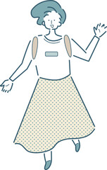 手を振る女性のシンプルな線画のベクターイラスト