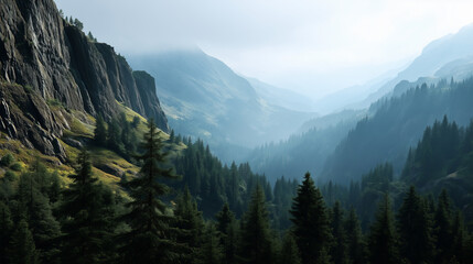 Obraz premium Misty valley surrounded by evergreen forests and majestic mountain cliffs