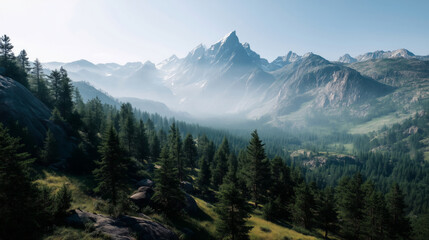 Fototapeta premium Majestic mountain range with evergreen forest and clear blue sky