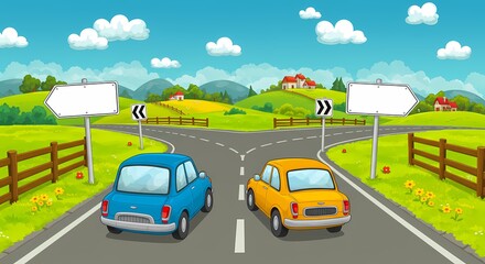 Fototapeta premium The car decides whether to go left or right with Blank Direction Signs.