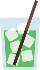 Iced green drink in a clear cup with ice cubes and straw. Perfect for matcha latte, green tea, or healthy cafe beverage design.