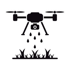 Black Silhouette of Agricultural Drone Applying Liquid to Plants.

