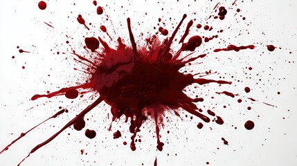 A large, dark red blood splatter spreads outward on a white surface with varying droplet sizes and irregular edges.