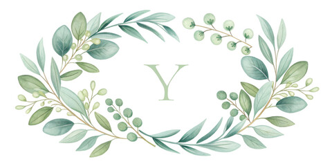 Green Floral Wreath Initial Y, Isolated on Transparent Background, Monogram, Watercolor, Floral Wreath, Monogram, Letter Y