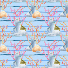 Watercolor seamless pattern with coral reef and sea anemones on sea stripes. Marine striped pattern, summer design. Ideal for summer textiles, wallpapers and beach themes.