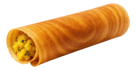 Crispy dosa roll filled with seasoned spiced potato curry, featuring a golden-brown exterior and vibrant filling.