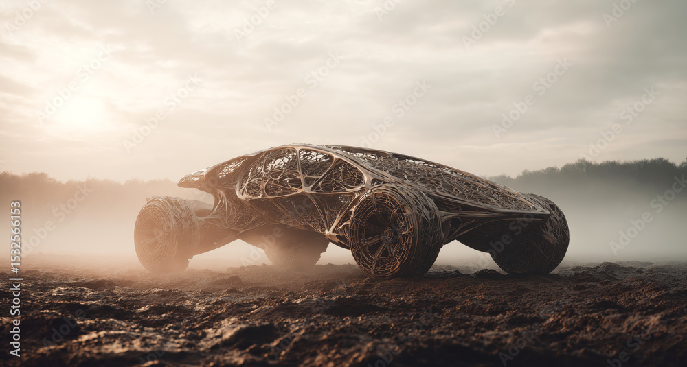 Poster a bioengineered vehicle, crafted from artificial biotissue, stands on a muddy landscape. the muscula