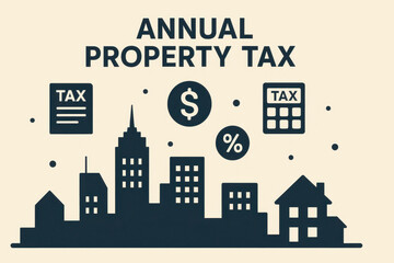 Annual property tax concept with city skyline silhouette, tax document, calculator, dollar sign, and percentage symbol representing financial and real estate taxation