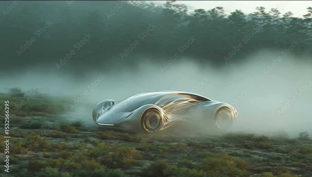 Poster a futuristic bioengineered vehicle glides gracefully over misty terrain, demonstrating advanced arti
