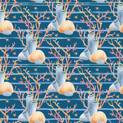 Watercolor seamless pattern with coral reef and sea anemones on sea stripes. Marine striped pattern, summer design. Ideal for summer textiles, wallpapers and beach themes.