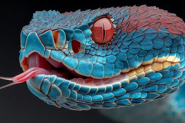 Blue Viper Snake Striking Tongue with Intense Red Eyes in Nature 