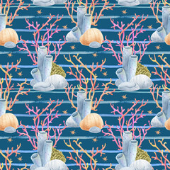 Watercolor seamless pattern with coral reef and sea anemones on sea stripes. Marine striped pattern, summer design. Ideal for summer textiles, wallpapers and beach themes.