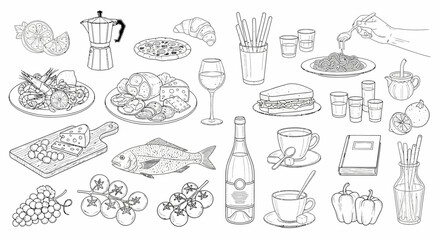 Assorted Food and Drink Line Art Still Life Illustration