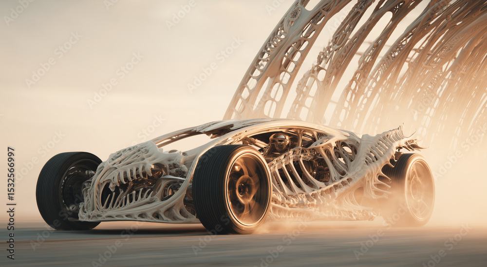 Aufkleber A futuristic vehicle made from bioengineered materials displays intricate biotissue structures. Its design emphasizes muscular movement, set against a sandy landscape at sunset.