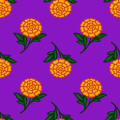 Seamless vector pattern of vibrant orange marigolds with dark green leaves on a rich purple background, creating a festive and stylized floral design perfect for Day of the Dead celebrations or aut...
