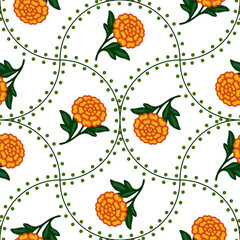 Seamless vector pattern with stylized marigold flowers and dotted green lines, creating a vibrant and cheerful design perfect for textile prints or festive backgrounds.