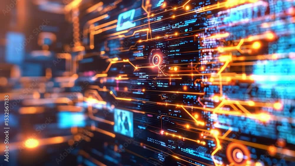Leinwandbilder A digital abstract visualization of a complex data network with glowing circuits and binary code.