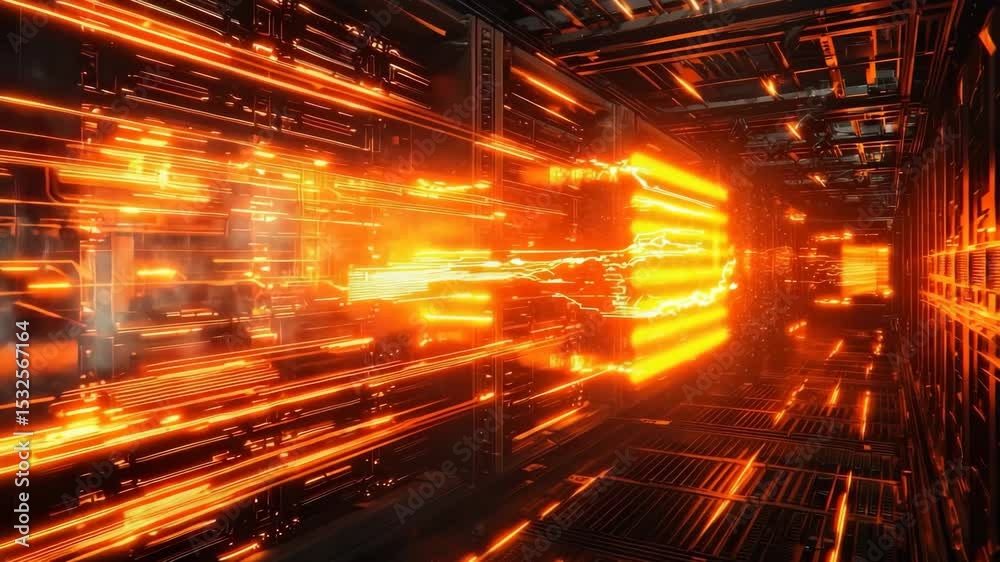Poster Bright orange digital data streams flowing through a futuristic server room with illuminated circuits.