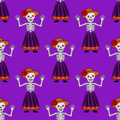 Seamless vector pattern featuring cheerful Calavera Catrina skeletons in vibrant purple and orange, perfect for Day of the Dead celebrations.