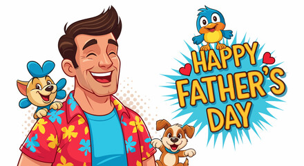 Happy Father's Day Cartoon Illustration with Man Pets and Bird