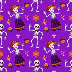 Vibrant Vector Seamless Pattern: Day of the Dead Skeletons Dancing Amidst Marigolds and Festive Flowers on Purple Background