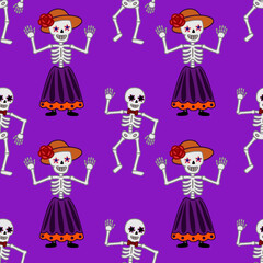 A vibrant vector seamless pattern featuring cheerful Day of the Dead skeletons in festive attire, dancing against a rich purple backdrop.