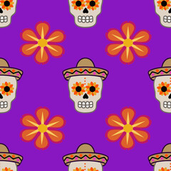 Festive Day of the Dead vector seamless pattern with sugar skulls wearing sombreros and vibrant orange flowers on a purple background, perfect for textile prints and holiday designs.