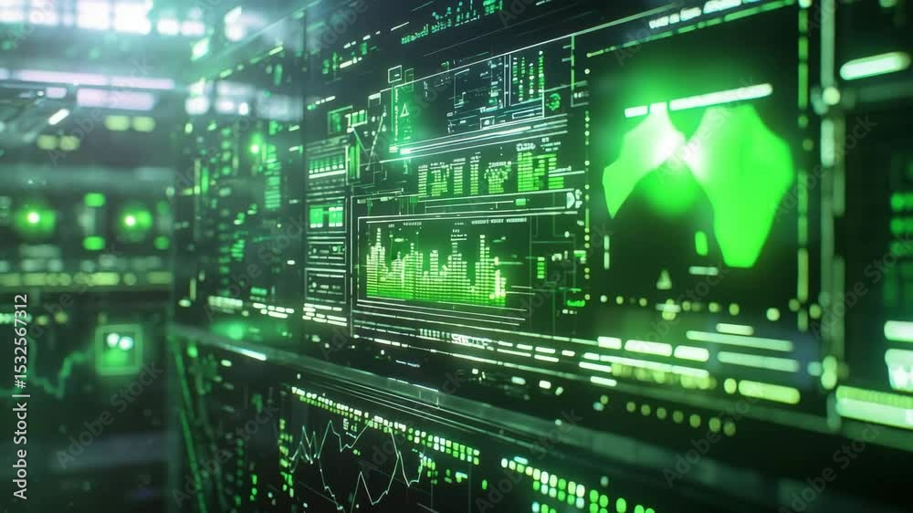 Poster A glowing digital dashboard displays futuristic data graphs and analytics with a green and black high-tech interface.