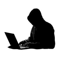 vector silhouette of a hacker at a laptop .Generative AI