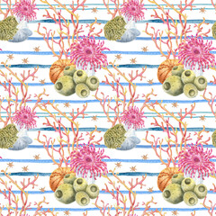 Watercolor seamless pattern with coral reef and sea anemones on sea stripes. Marine striped pattern, summer design. Ideal for summer textiles, wallpapers and beach themes.