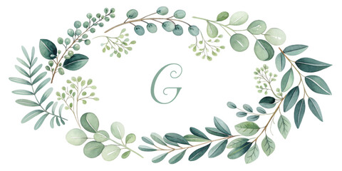 Watercolor Floral Wreath with Letter G, Isolated on Transparent Background, Green Leaves, Monogram, Floral Wreath, Greenery, Monogram