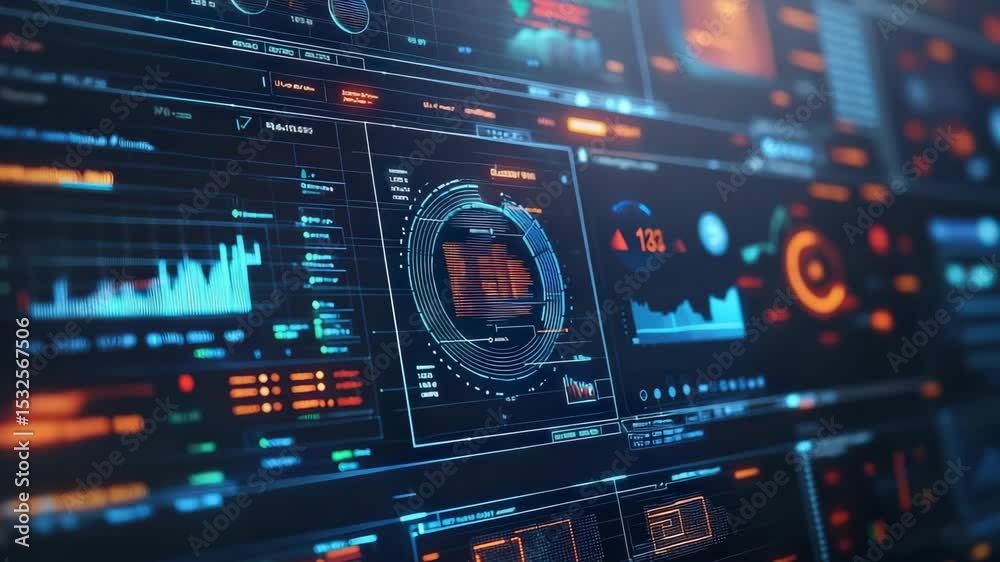 Poster A futuristic digital dashboard displays colorful, interactive charts and data visualizations on multiple screens.