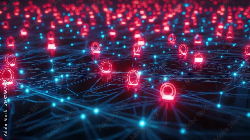 Fototapete A glowing neural network visualization with interconnected red nodes and blue lines representing digital data flow and artificial intelligence.
